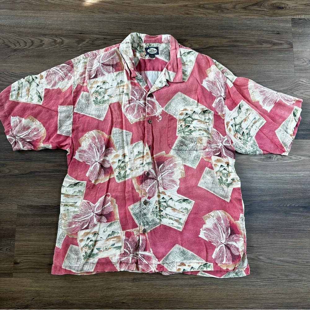Tommy‎ Bahama Mens Camp Shirt XL Red 100% Linen Hawaiian Floral Island Beach Top